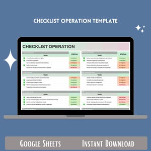 May include: A Google Sheets spreadsheet template for checklist operations. The template is divided into sections with headings such as "Cleaning Procedures", "Administrative Tasks", "Customer Service", "Training and Development", and "Service Provision". Each section has a list of tasks with a corresponding status column that can be marked as "Completed", "In Progress", "Not Started", or "Not Required".
