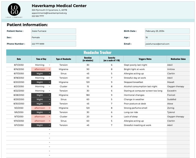 May include: A headache tracker chart with columns for date, time of day, type of headache, duration, severity, triggers, and medication taken. The chart is filled with data about a patient's headaches, including the type, duration, severity, and triggers.