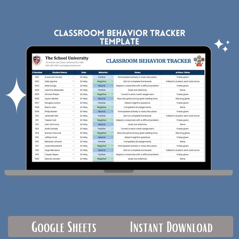 Classroom Behavior Tracker Google Sheets Student Conduct Monitoring ...