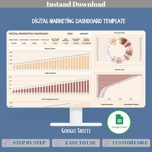 Digital Marketing Dashboard Google Sheets Template With Campaign KPIs, Channel Analytics, Traffic Reports, And Conversion Performance