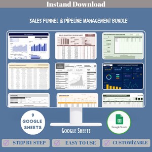 May include: A digital product bundle titled "SALES FUNNEL & PIPELINE MANAGEMENT BUNDLE" with 9 Google Sheets templates. The image includes charts, graphs, and data tables, with the text "Instant Download", "Step by Step", "Easy to Use", and "Customizable".