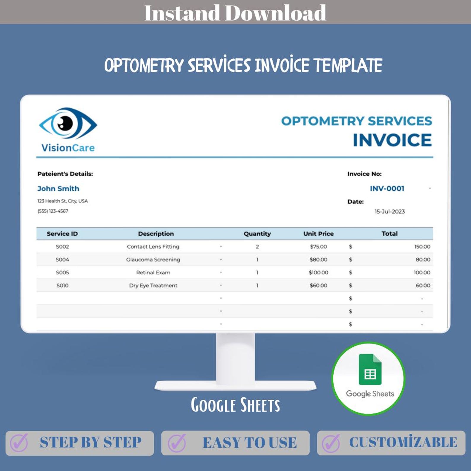 Optometry Services Invoice Google Sheets Template, Editable Vision Care ...