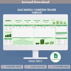 May include: A computer monitor displays a sales monthly commission tracker template. The screen shows a spreadsheet with green and white elements, including charts and data tables. Text on the screen includes "Sales Monthly Commission Tracker Template", "Google Sheets", and "Step by Step".