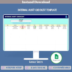 Modèle Google Sheets de liste de contrôle d'audit interne pour l'examen de la conformité des petites entreprises, l'évaluation des risques, les tests de contrôle et la préparation à l'audit