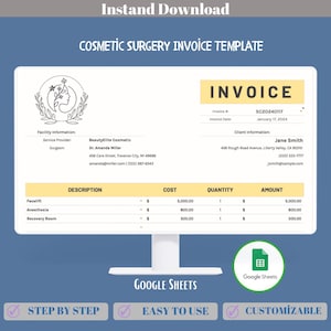 Plantilla de factura de cirugía estética para clínicas y pequeñas empresas, formulario de facturación médica de Hojas de Cálculo de Google para consultorios de cirugía plástica Office Pro