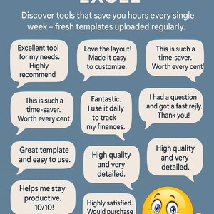 May include: A blue graphic promoting Google Sheets and Excel, featuring customer testimonials in speech bubbles. The image includes a smiling emoji giving a thumbs up and text that says "Thank you for your business!"