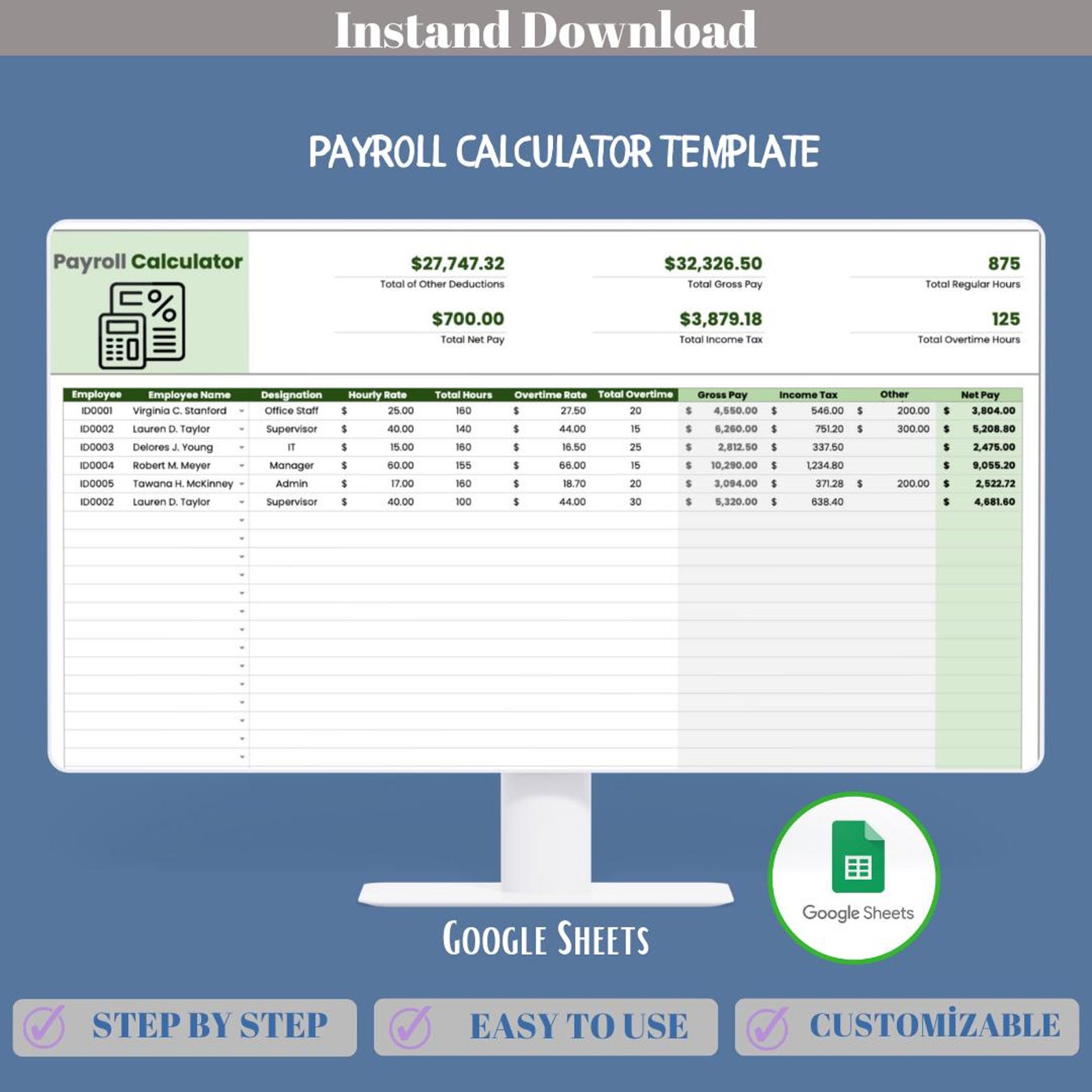 Payroll Calculator Google Sheets Template for Salary Calculation, Tax ...