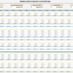 May include: A detailed financial spreadsheet titled "SIMPLE RESTAURANT ACCOUNTING" with columns for revenue, cost of goods sold, gross profit, expenses, and equity. The spreadsheet includes monthly and total financial data, with dollar amounts.