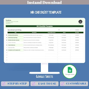 Lista kontrolna HR Arkusze Google Śledzenie zadań HR Lista kontrolna zarządzania pracownikami Śledzenie przepływu pracy Szablon procesu HR