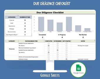Checklista för tillbörlig aktsamhet i Google Sheets, affärsrevision, riskbedömning, efterlevnadsgranskning, förvärvsmall
