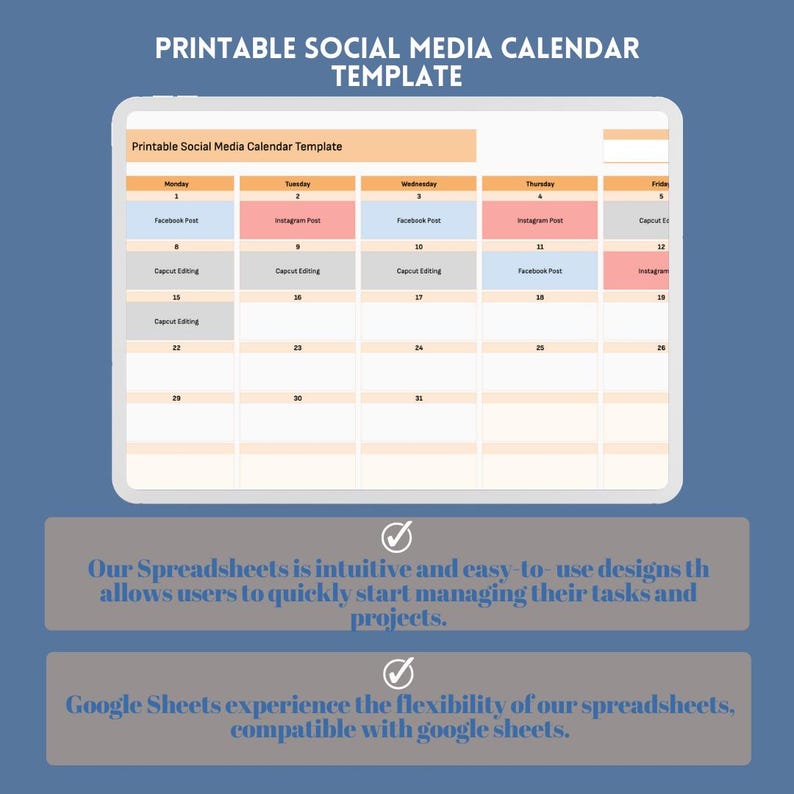 Printable Social Media Calendar Template, Digital Download, Editable, Easy to Use, PDF for ...