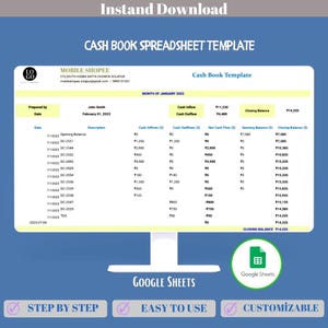 Modello di registro di cassa Google Sheets, registro entrate/uscite giornaliere, registro del flusso di cassa, strumento di monitoraggio della contabilità