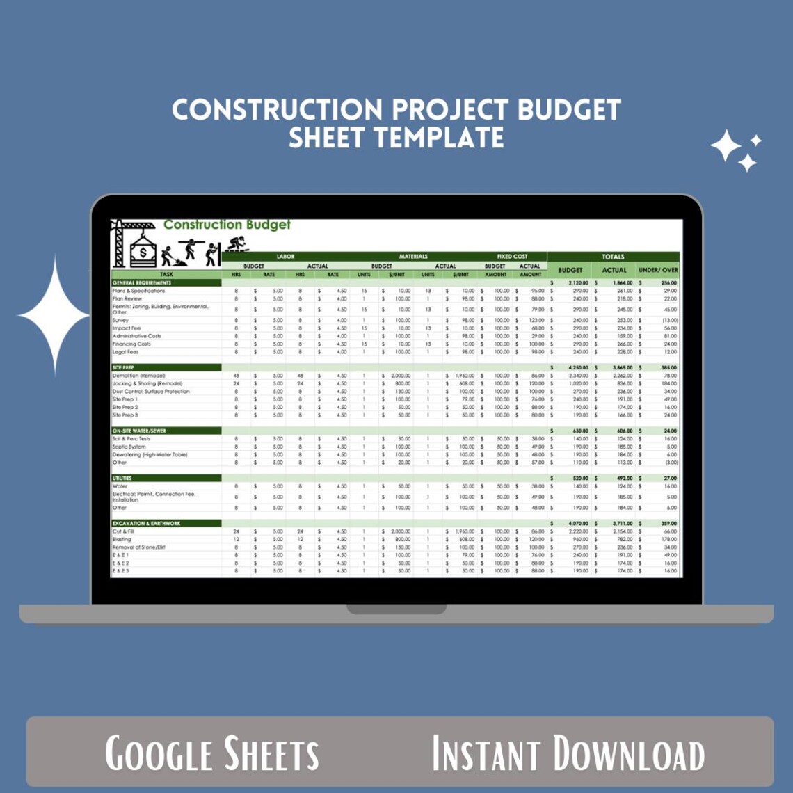 Construction Project Budget Google Sheets Cost Tracker Expense Planning ...