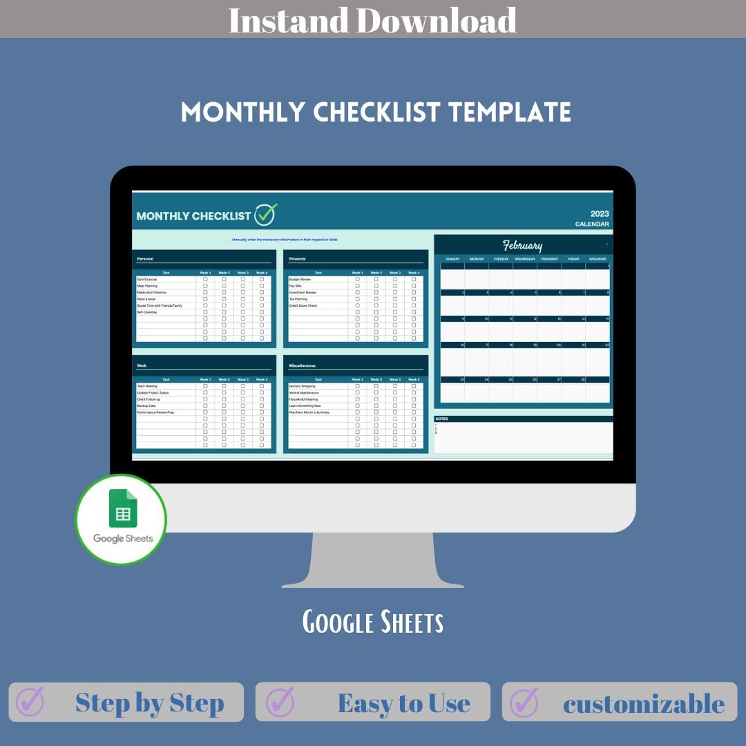 Monthly Checklist Template Digital Download Editable Excel or Google Monthly Checklist Template Digital Download Editable Excel or Google