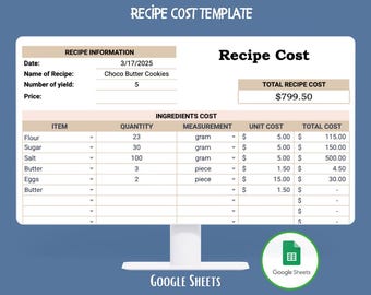 Receptkostnadskalkylator Google Sheets Matkostnadsanalys Mall för måltidsprissättning Instrumentpanel