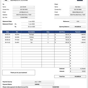 以下が含まれることがあります： 青と白のカラーテーマの銀行明細書。明細書には、10,000.00ドルの残高と12,800.00ドルの合計支払額が表示されています。明細書には、日付、説明、数量、単価、支払いのリストが含まれています。