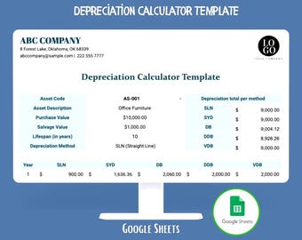 Calculadora de depreciación Hojas de cálculo de Google Rastreador de depreciación de activos Programa de depreciación de activos fijos Hoja de cálculo contable