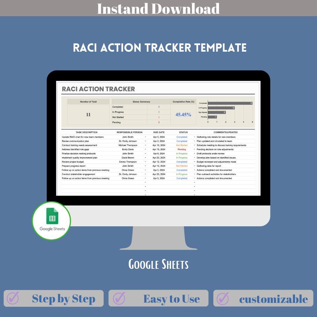 RACI Action Tracker Template, Responsibility Matrix, Task Management ...