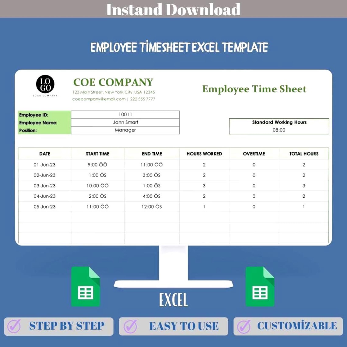 Employee Timesheet Excel Template for Work Hour Tracking, Attendance ...