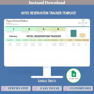 Hotel Reservation Tracker Google Sheets Template, Editable Booking Log, Guest Stay Schedule, Room Availability Spreadsheet