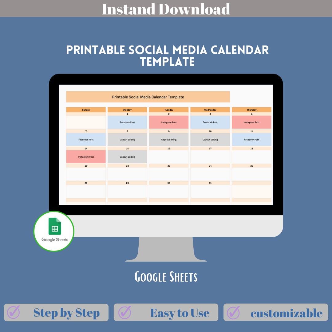 Printable Social Media Calendar Template, Digital Download, Editable, Easy to Use, PDF for ...