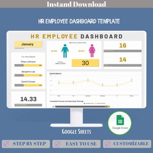 May include: A computer monitor displays an HR employee dashboard template. The dashboard includes charts, graphs, and data visualizations. Text on the screen includes "HR Employee Dashboard," "January," and "Google Sheets." The design is clean and modern, with a blue background.