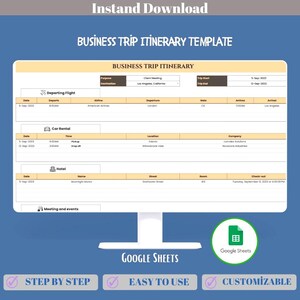 Business Trip Itinerary, Corporate Travel Planner, Work Journey Schedule, Google Sheets Template, Professional Trip Organizer
