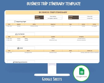 Business Trip Itinerary, Corporate Travel Planner, Work Journey Schedule, Google Sheets Template, Professional Trip Organizer