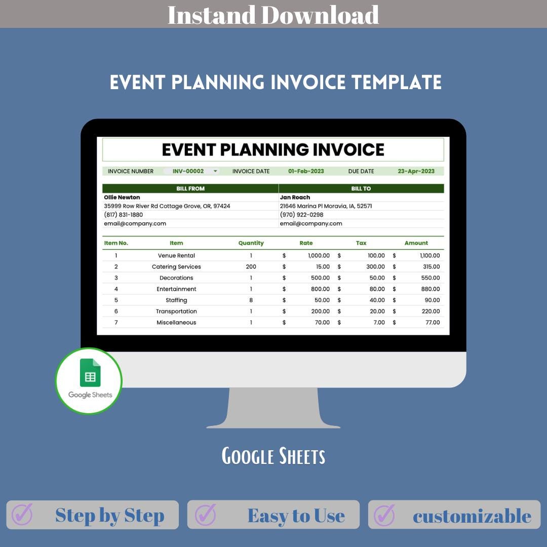 Event Billing Example Event Planning Invoice Template, Editable Google Sheets, Customizable ...