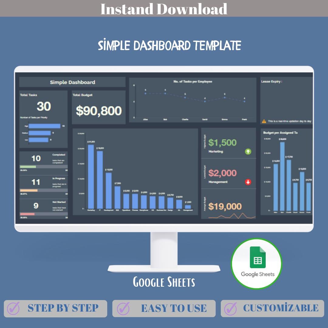 Simple Dashboard Template for Google Sheets and Excel, Easy Data ...