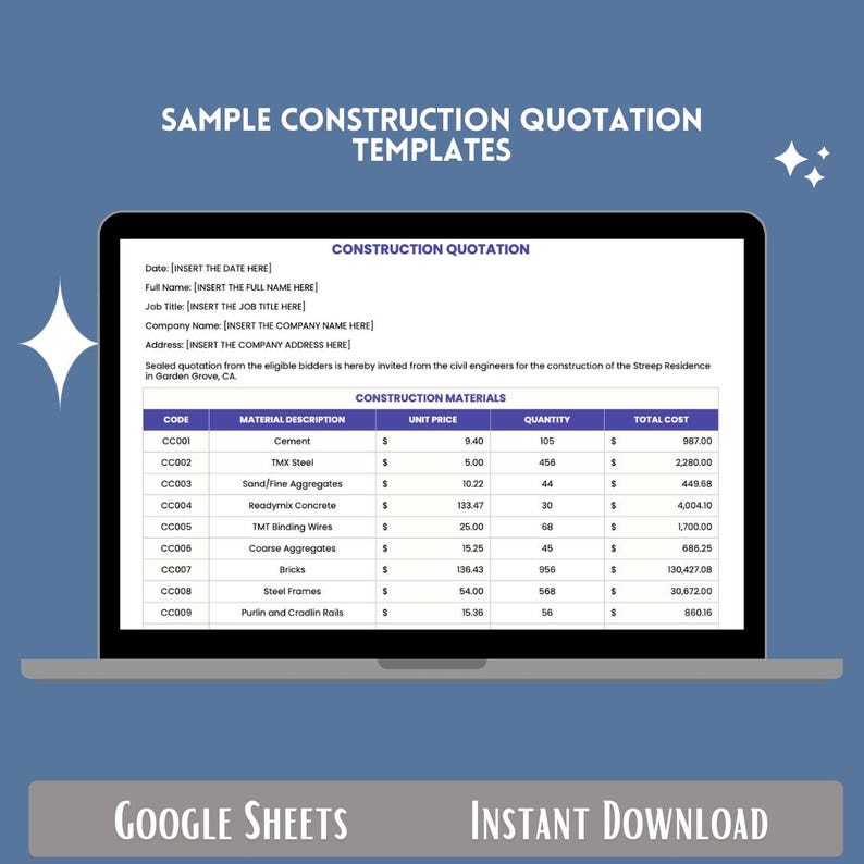 Construction Quotation Google Sheets Quote Template Construction ...