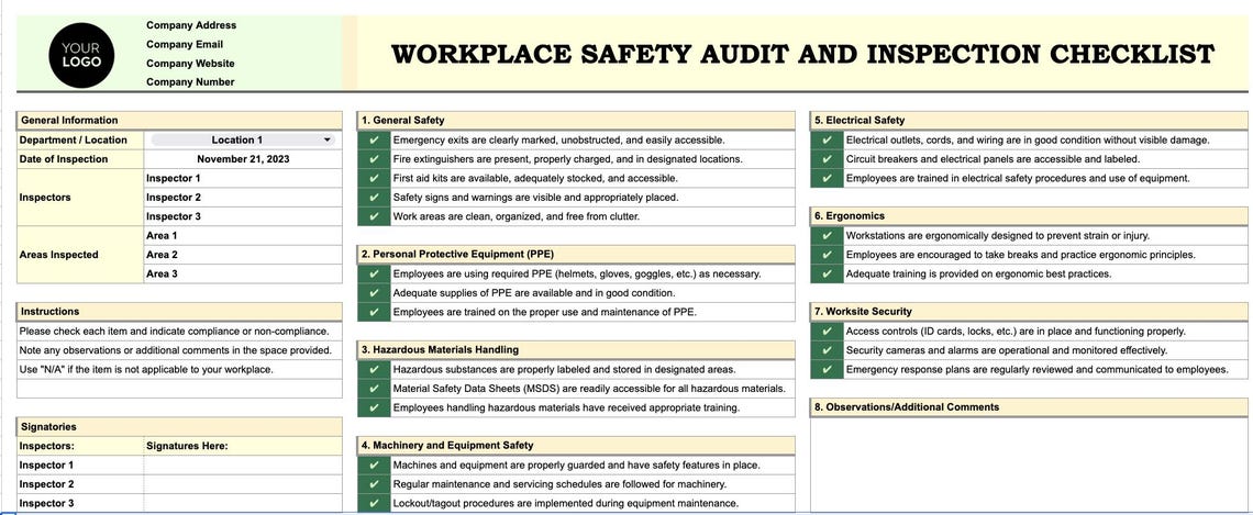 Work Inspection Tracker Workplace Safety Audit and Inspection Checklist Google Sheets ...