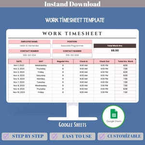 Work Timesheet Google Sheets Time Tracker Employee Timesheet Hour Tracker Work Log Payroll Tracking Template
