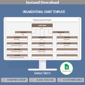 Modèle d'organigramme Google Sheets, visualisation de la hiérarchie de l'équipe, planification des rôles dans les services, mise en page facile à modifier pour toute entreprise