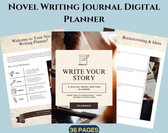 Plantilla de Canva para diario de escritura de novelas, planificador de historias para autores, cuaderno de trabajo para el desarrollo de personajes y organizador de escritura de ficción.