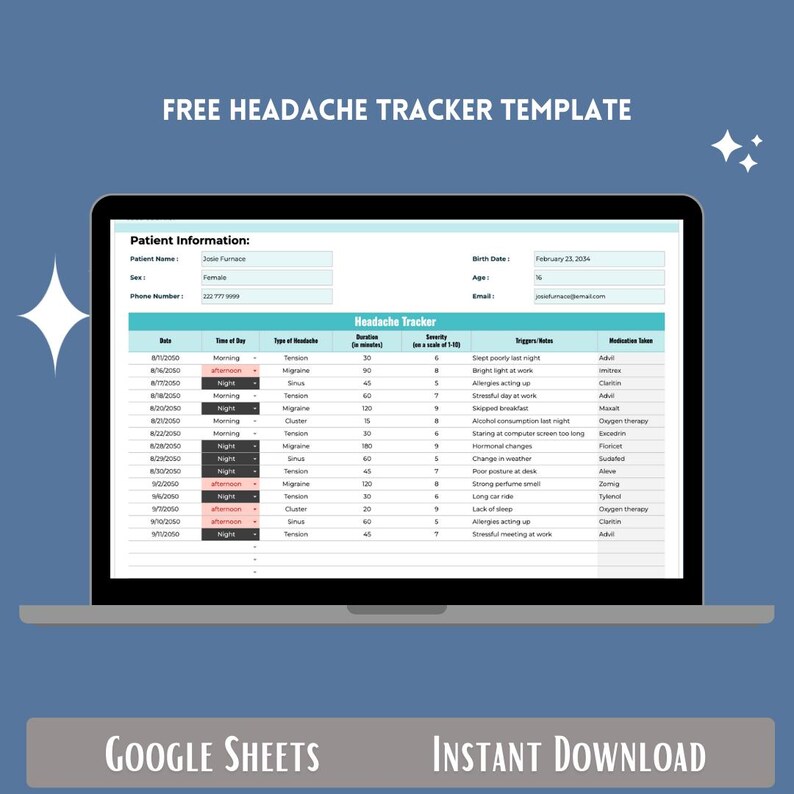 May include: A Google Sheets spreadsheet on a laptop screen with a free headache tracker template. The spreadsheet includes columns for date, time of day, type of headache, duration, severity, triggers, and medication taken. The template is designed to help users track their headaches and identify potential triggers.