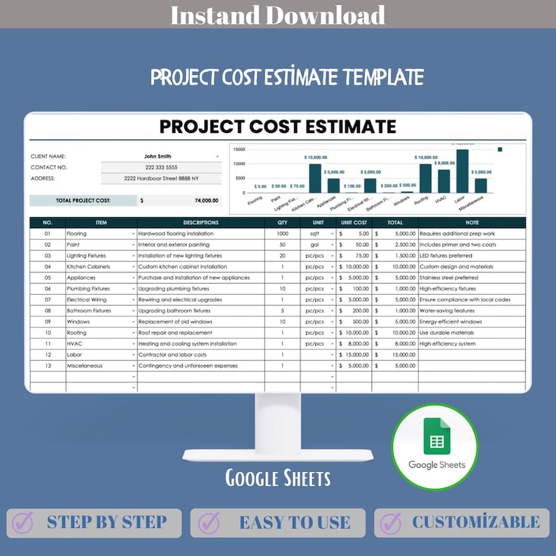 Project Cost Estimate Google Sheets Template With Labor, Material ...