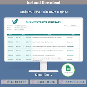 Modelo de Roteiro de Viagem de Negócios no Planilhas Google para Planejamento de Viagens, Controle de Despesas de Viagem e Coordenação Profissional de Cronograma