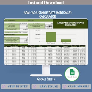 ARM einstellbarer Satz hypothekenrechner Google Sheets-Vorlage, bearbeitbarer Interessesatz-Tracker, Tool für die Kreditzahlungsvorhersage, Amortisierungslog