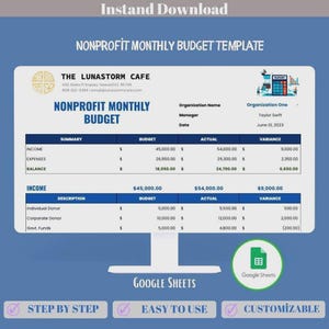 Nonprofit Monthly Budget Google Sheets Budget Tracker Expense Tracker Financial Planning Monthly Budget Template Dashboard