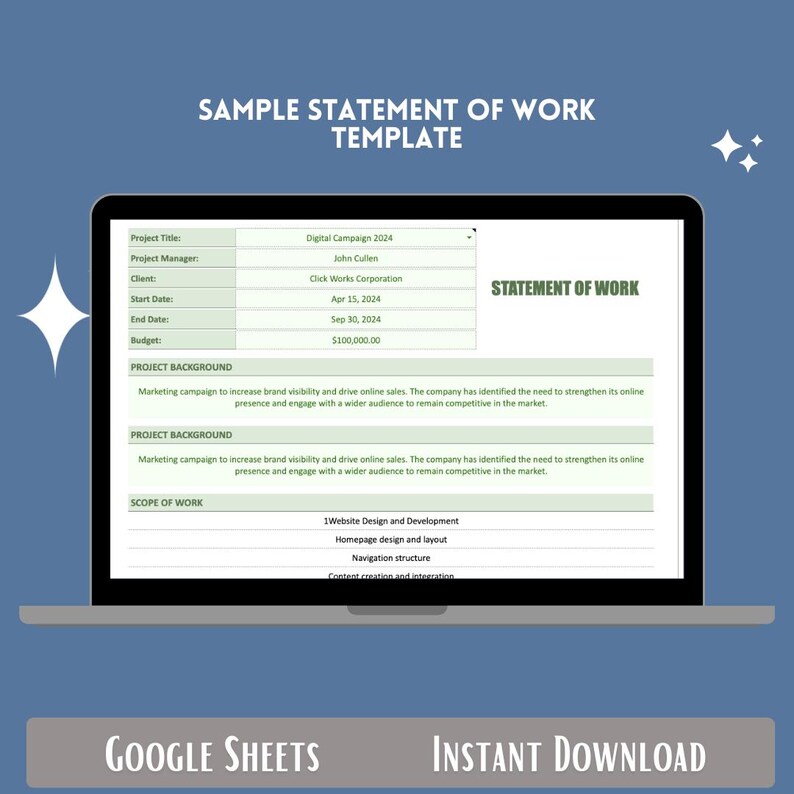 Sample Statement of Work Template, Digital Download, Editable Word Doc ...