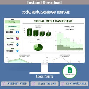 Modèle de planification des médias sociaux Google Sheets, calendrier de contenu, planificateur de publications, outil d'analyse des campagnes marketing