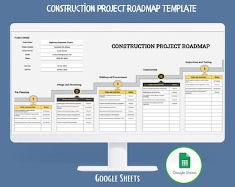 Construction Project Roadmap Google Sheets Template,Editable Timeline Schedule, Phased Milestone Tracker Spreadsheet,Teams,Progress Tracking
