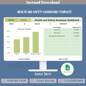 Sammanfattning av hälsa och säkerhet i Google Sheets-mall för incidentspårning, efterlevnadsövervakning, riskgranskning och rapportering på arbetsplatsen