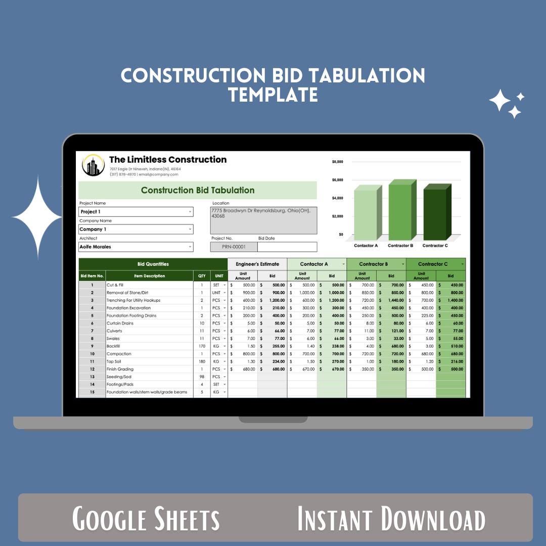 Construction Bid Tabulation Google Sheets Bid Comparison Tracker ...
