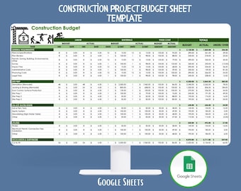 Construction Project Budget Sheet Template Google Sheets, Editable Building Cost Planner, Labor Material Expense Tracker Template