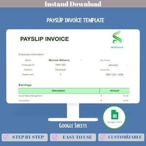 従業員の給与明細、給与記録、プロフェッショナルな支払い請求書トラッカーのためのGoogleスプレッドシートの給与明細書請求書テンプレート