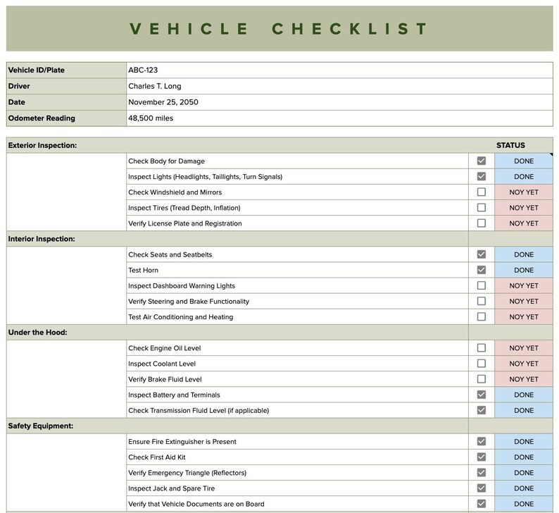 May include: A vehicle checklist with a status column. The checklist includes items such as exterior inspection, interior inspection, under the hood, and safety equipment. Each item has a checkbox next to it, and the status is marked as "Done" or "Not Yet".