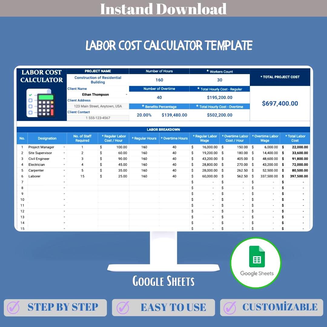 Labor Cost Calculator Google Sheets Labor Cost Tracker Workforce Cost ...