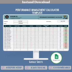 Performance Management Calculator Google Sheets Template, Editable Employee Evaluation Tool, KPI Assessment Tracker, Team Goals Analyzer